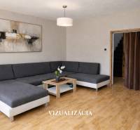 Wohnzimmer mit Ecksofa, Bild und Holzboden in einem Einfamilienhaus.