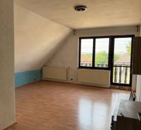 Ein Zimmer in einem Einfamilienhaus mit einem Holzboden und großen Fenstern.