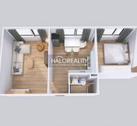 Grundriss einer 2-Zimmer-Wohnung mit Holzboden, Arbeits- und Wohnbereich.