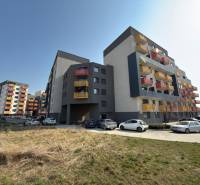 Wohnhäuser in der Mikovíniho-Straße in Trnava mit Parkplatz und Grünfläche.