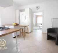 Küche mit Bartresen in einer Einzimmerwohnung und Obst auf dem Tisch.