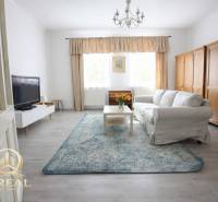 Wohnzimmer in einer Einzimmerwohnung mit Sofa, Fernseher und Boden in Holzoptik.