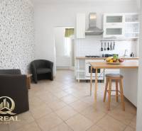 Küche mit Bartresen, Obst und Sesseln in einer Einzimmerwohnung.