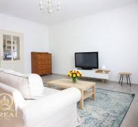 Wohnzimmer mit Fernseher, Sofa und Couchtisch in einer Einzimmerwohnung.