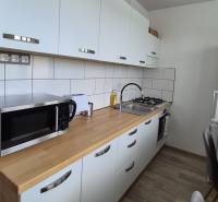 Küche mit hellen Möbeln, Spüle und Geräten in einer 2-Zimmer-Wohnung in der Študentská-Straße.
