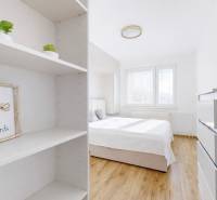 Helles Schlafzimmer in einer 3-Zimmer-Wohnung mit Holzboden, Regalen und Dekorationen.