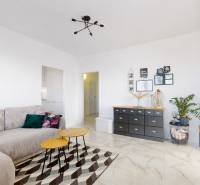 Wohnzimmer mit Sofa und dekorativen Möbeln in einer 3-Zimmer-Wohnung, Boden mit Holzdekor.