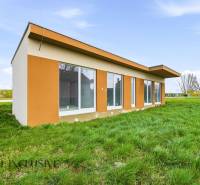 Ein Ferienhaus in Vojka nad Dunajom mit einer Umgebung aus grünem Gras und großen Fenstern.