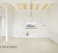 Innenraum der Hütte während der Renovierung mit nackten Wänden und Decke.