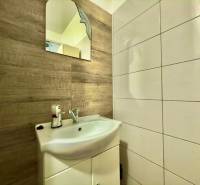 Badezimmer in einer 2-Zimmer-Wohnung mit Waschbecken und Spiegel, Wand mit Holzdekor.