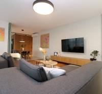 Wohnzimmer in einer Vierzimmerwohnung mit Holzboden, grauem Sofa und Pflanzen.