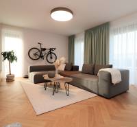 Helles Wohnzimmer in einer 4-Zimmer-Wohnung mit Sofa, Fahrrad, Holzboden und Pflanzen.