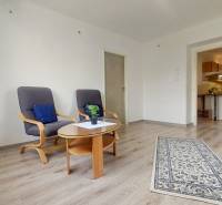 Wohnzimmer in einer 2-Zimmer-Wohnung mit Holzboden und bequemen Sesseln.