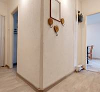Der Flur in der 2-Zimmer-Wohnung mit weißen Wänden und einem Boden in Holzoptik.