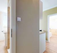 Badezimmer und Küche in einer Einzimmerwohnung mit Holzboden.