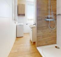 Badezimmer mit Holzboden, mit Dusche und Waschmaschine in einer Einzimmerwohnung.