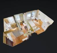 3D-Visualisierung einer Einzimmerwohnung mit Holzboden-Dekor.