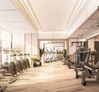 Ein Innen-Fitnessstudio mit Holzdekorboden und Fitnessgeräten in einem Wohnungsbau.