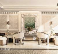 Luxuriöses Interieur mit Marmordetails und bequemen Sitzgelegenheiten. Wohnungsbau.