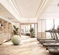 Innenraum eines Fitnessstudios mit Holzboden und moderner Fitnesseinrichtung. Wohnungsbau.