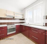 Küche im Einfamilienhaus mit roten Schränken und Geräten.