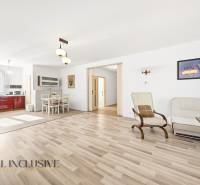 Helles Wohnzimmer mit Küche, Boden mit Holzdekor, Essbereich.