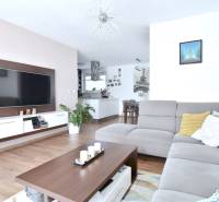 Wohnzimmer in einer 3-Zimmer-Wohnung mit Holzboden und grauem Sofa.