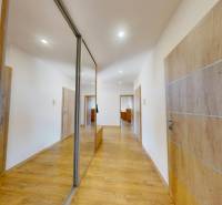 Der Flur in einem Einfamilienhaus mit einem Boden in Holzoptik und einem Spiegelschrank.