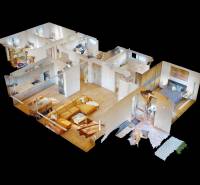 3D-Modell eines Innenraums mit Holzboden in einem Einfamilienhaus.