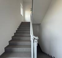 Flur mit Treppenhaus in besonderen Immobilien, graue Treppen, weiße Wände, Geländer.