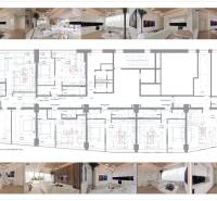 Innenraum mit weißer Sitzgelegenheit, Holzboden, Grundriss. Besondere Immobilien.