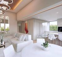 Interieur von besonderen Immobilien mit heller Couch, moderner Beleuchtung und Blumendekoration.
