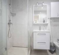 Badezimmer in einer 2-Zimmer-Wohnung mit moderner Duschkabine und weißem Waschbecken.