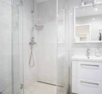 Badezimmer mit Dusche und Waschbecken in einer Zweizimmerwohnung.