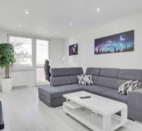 Helles Wohnzimmer mit Ecksofa, Weltraumdekor und Holzboden.