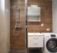 Badezimmer in einer 3-Zimmer-Wohnung mit Holzelementen und Waschmaschine.