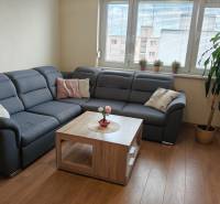 Wohnzimmer in einer 3-Zimmer-Wohnung mit Ecksofa und Boden in Holzoptik.
