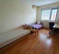 Ein Zimmer in einer 3-Zimmer-Wohnung mit zwei Betten, einem Schreibtisch und einem Boden mit Holzdekor.