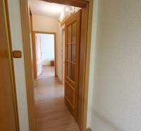 Ein Flur mit Türen und einem Boden in Holzoptik in einer 3-Zimmer-Wohnung.