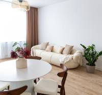 Innenraum einer 3-Zimmer-Wohnung mit cremefarbenem Sofa, Pflanze und Tisch auf einem Boden mit Holzdekor.