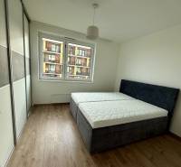 Schlafzimmer mit Einbauschrank, Doppelbett und Holzboden in einer Zweizimmerwohnung.