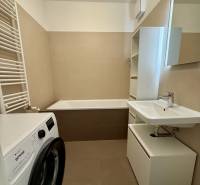 Badezimmer mit Waschmaschine und Badewanne in einer 2-Zimmer-Wohnung, neutrale Farbtöne.