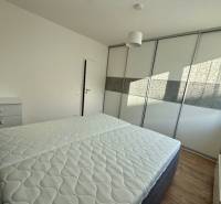 Schlafzimmer mit Bett und Einbauschrank in einer 2-Zimmer-Wohnung, Boden mit Holzdekor.