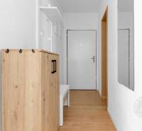 Eingangsflur in einer 2-Zimmer-Wohnung mit einem Schrank und einem Boden in Holzoptik.