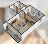 3D-Grundriss einer 2-Zimmer-Wohnung mit Wohnzimmer, Küchenzeile und Holzboden.