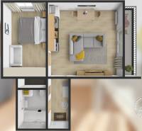 Grundriss einer 2-Zimmer-Wohnung mit Möbeln und Holzboden.
