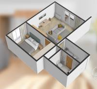 Grundriss einer 2-Zimmer-Wohnung mit Holzboden und Möbeln.