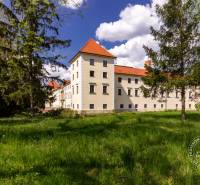 Ein historisches Gebäude, umgeben von Grün und Bäumen an einem sonnigen Tag.