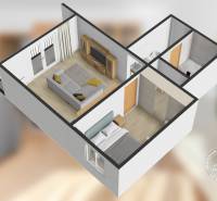 3D-Grundriss einer 2-Zimmer-Wohnung mit Holzboden, zeigt Möbel und Räume.