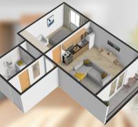 Grundriss einer 2-Zimmer-Wohnung mit Küche, Wohnzimmer und Balkon. Boden mit Holzdekor.